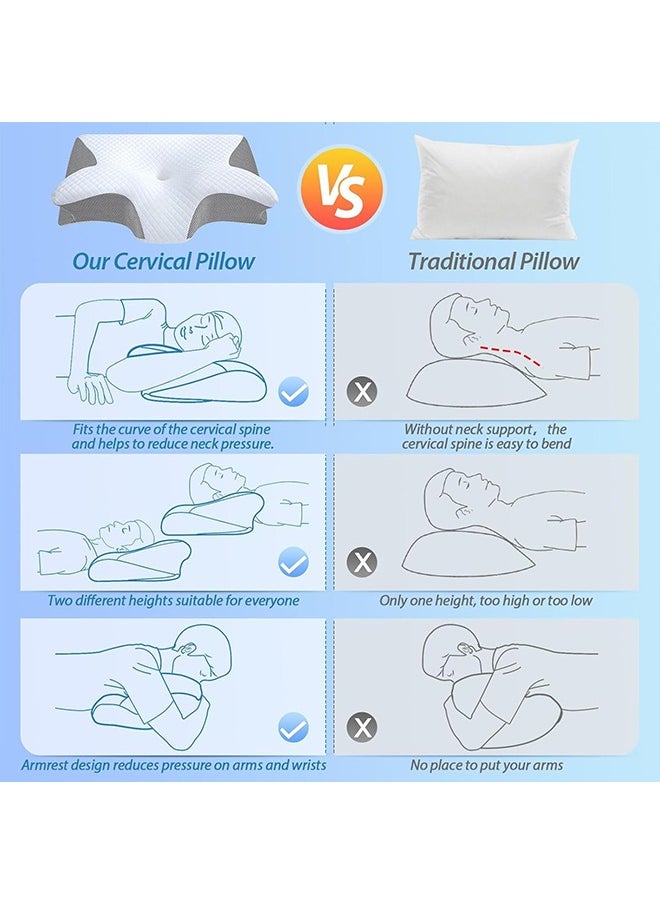 Memory Foam Cervical Pillow, 2 in 1 Ergonomic Contour Orthopedic Pillow for Neck Pain, Contoured Support Pillows for Side Back Stomach Sleepers(Gray)