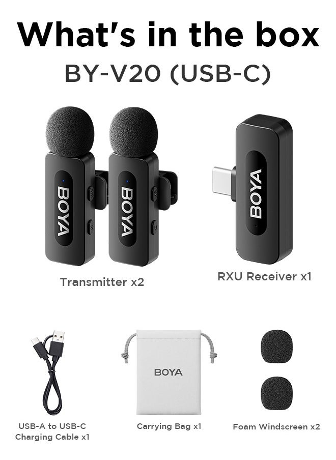 BOYA BY-V20 wireless microphone Noise Cancellation Lavalier Microphone Mini Mic 100M Transmission microphone for Vlogging TikTok YouTube Content Creators Live Streaming Interview Recording iPhone Android Smartphones Action DSLR Camera Laptop PC