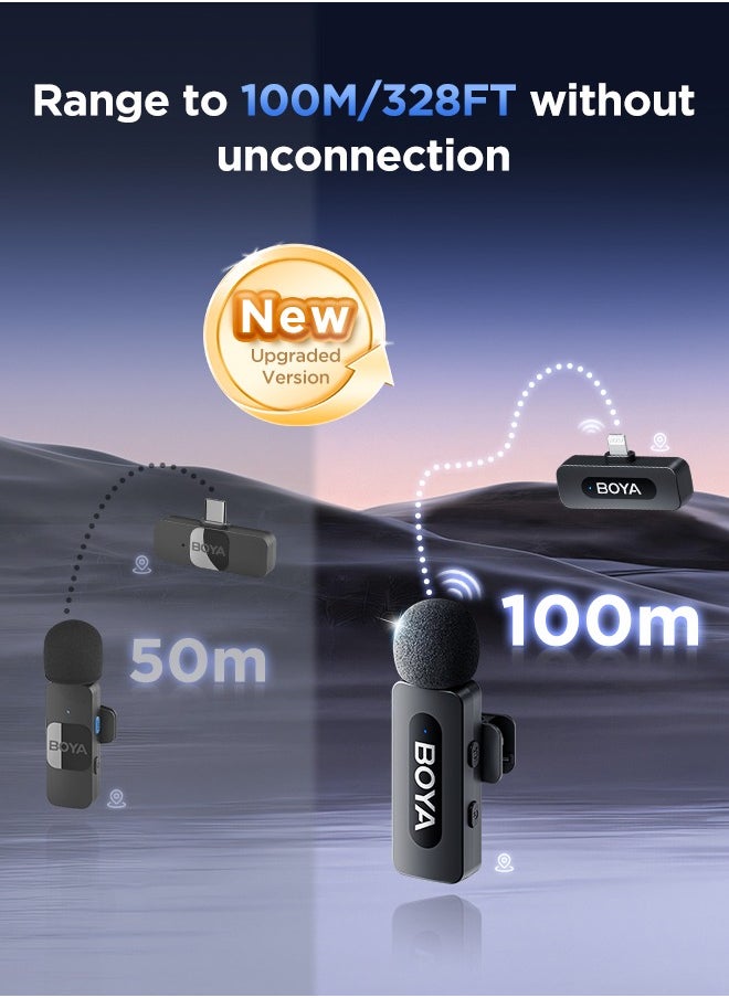 BOYA BY-V2 wireless microphone Noise Cancellation Lavalier Microphone Mini Mic 100M Transmission microphone for Vlogging TikTok YouTube Content Creators Live Streaming Interview Recording iPhone Android Smartphones Action DSLR Camera Laptop PC