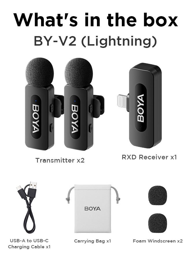 BOYA BY-V2 wireless microphone Noise Cancellation Lavalier Microphone Mini Mic 100M Transmission microphone for Vlogging TikTok YouTube Content Creators Live Streaming Interview Recording iPhone Android Smartphones Action DSLR Camera Laptop PC