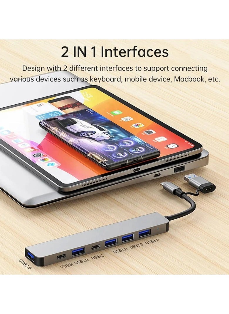 Multiport USB Hub C 7 In 1 OTG Adapter Type-C Type C and USB 3.0 To USB 3.0 USB 2.0 Splitter Multiport Adapter 7 In 1 For Mac and Android devices