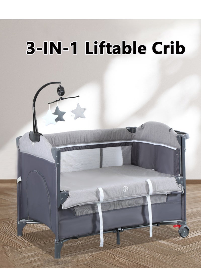 Multifunctional Crib, 3 in 1 Travel Crib, Portable Crib for Baby, Baby Bassinet Bedside Sleeper with Diaper Changer, Baby Playard with Adjustable Height