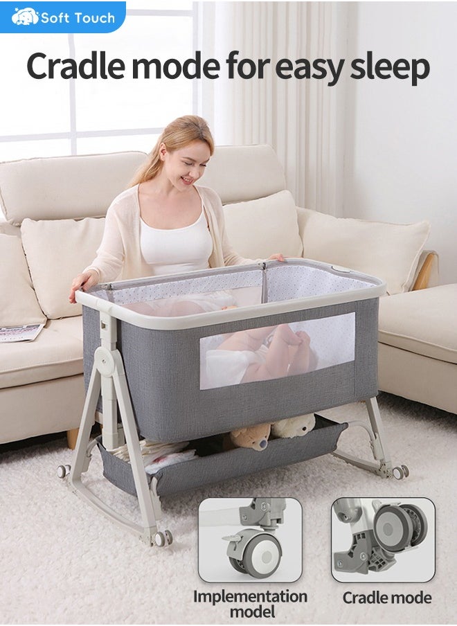 4 In 1 Baby Bedside Crib Foldable Newborn Bedside Sleeper Infant Bassinet Bed With Large Storage Basket Infant Travel Crib with Swivel Wheels and Mosquito Net