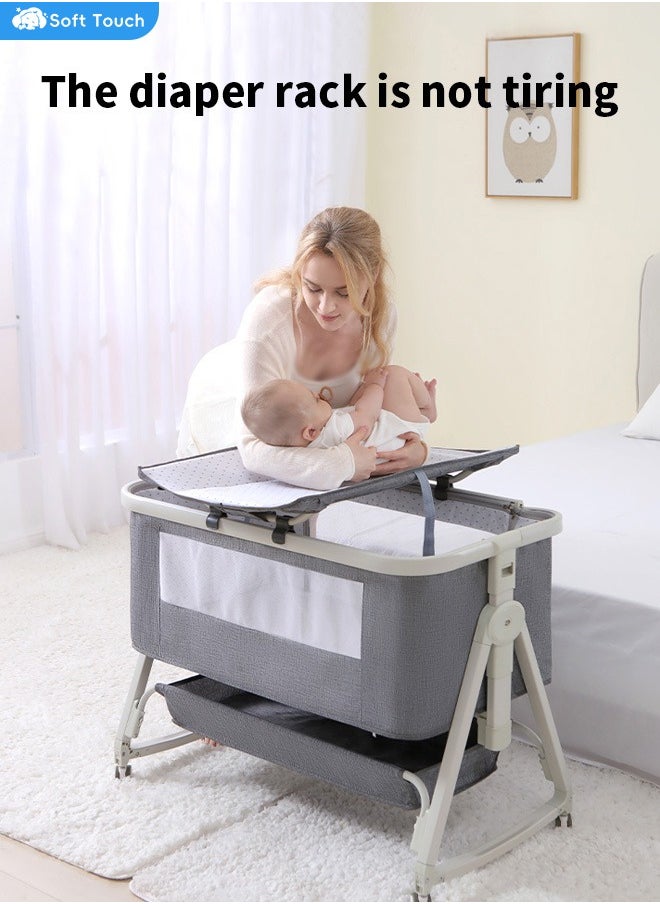 4 In 1 Baby Bedside Crib Foldable Newborn Bedside Sleeper Infant Bassinet Bed With Large Storage Basket Infant Travel Crib with Swivel Wheels and Mosquito Net