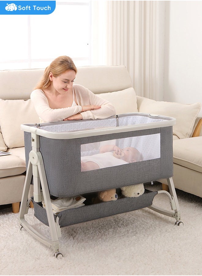 4 In 1 Baby Bedside Crib Foldable Newborn Bedside Sleeper Infant Bassinet Bed With Large Storage Basket Infant Travel Crib with Swivel Wheels and Mosquito Net