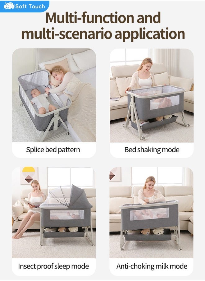 4 In 1 Baby Bedside Crib Foldable Newborn Bedside Sleeper Infant Bassinet Bed With Large Storage Basket Infant Travel Crib with Swivel Wheels and Mosquito Net