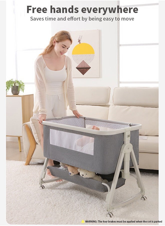 4 In 1 Baby Bedside Crib Foldable Newborn Bedside Sleeper Infant Bassinet Bed With Large Storage Basket Infant Travel Crib with Swivel Wheels and Mosquito Net