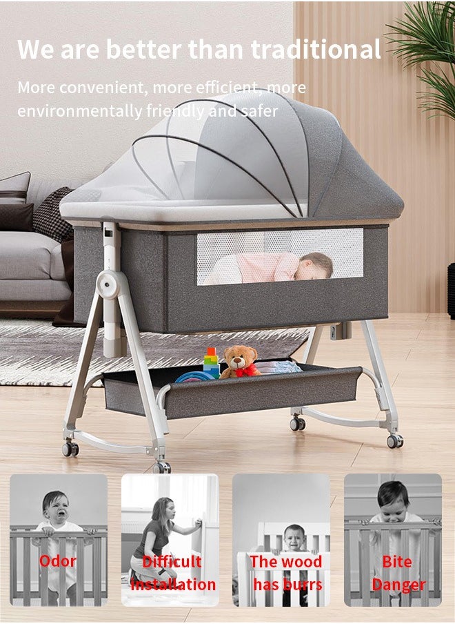 4 In 1 Baby Bedside Crib Foldable Newborn Bedside Sleeper Infant Bassinet Bed With Large Storage Basket Infant Travel Crib with Swivel Wheels and Mosquito Net