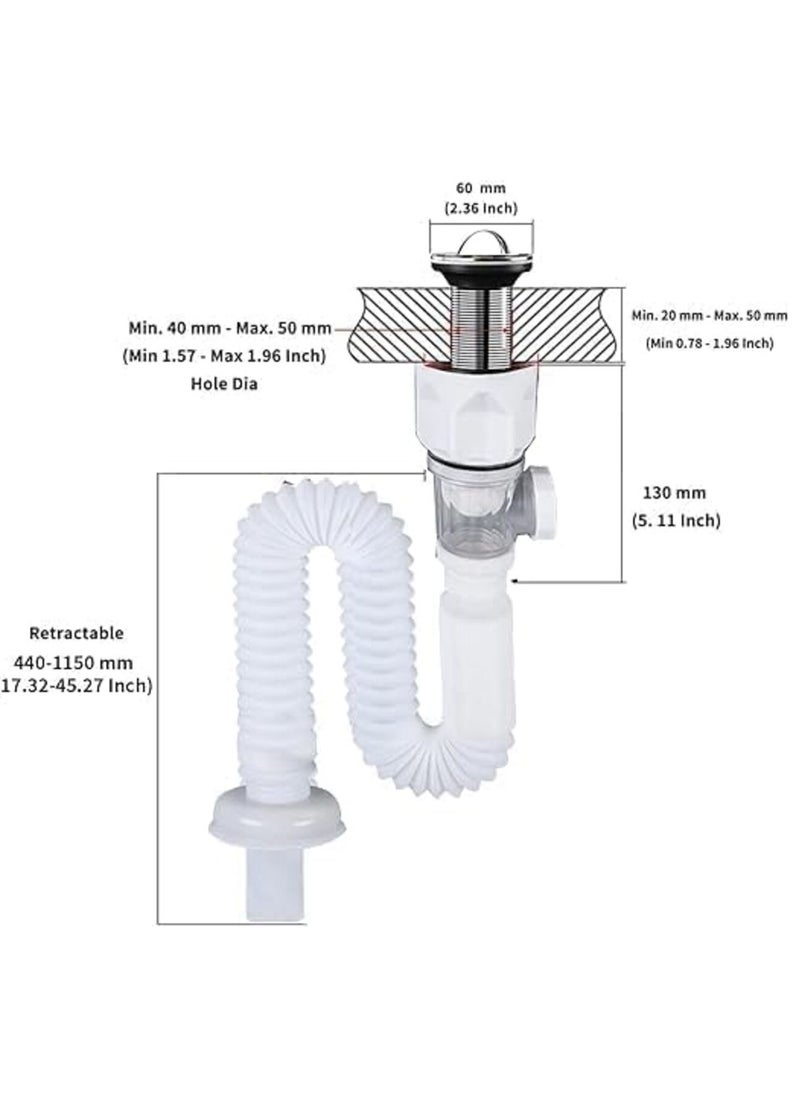 Bathroom Sink Drain Kit,Bathroom Sink Drain Pipe Replacement Pop Up Drain with Built-in Anti-clogging Stopper anti clogging pop-up drain plug suitable for most sink pipes with anti odor design(White)