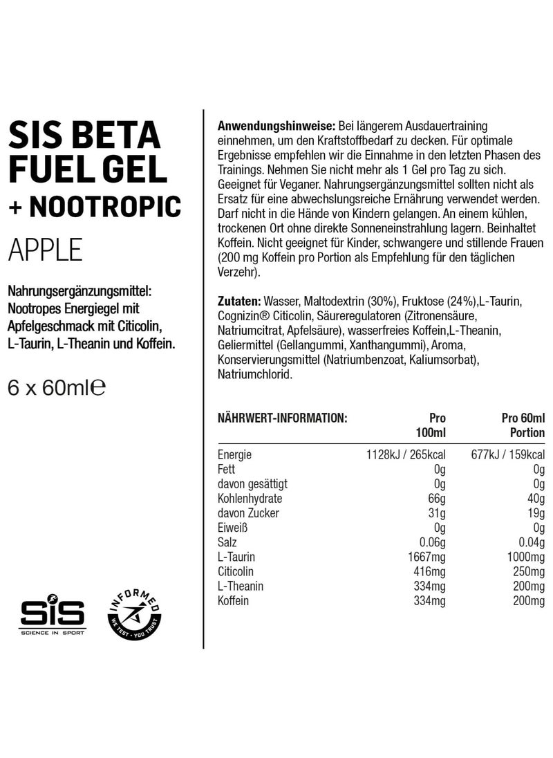 Apple Plus Nootropics - Beta Fuel Dual Source Energy Gel, 1:0.8 Maltodextrin : Fructore Ratio,60 ml pack of 6