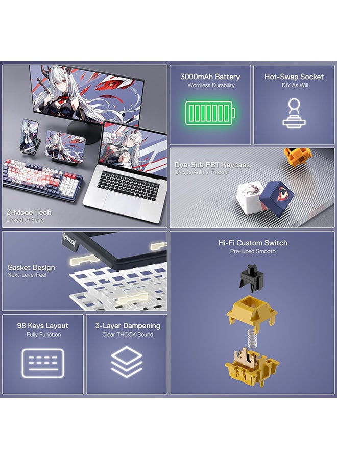 K686 PRO SE 98 Keys Gasket RGB Gaming Keyboard, 3-Mode Anime Mechanical Keyboard with Hot-Swap Socket, Special Rotary Knob Control And Noise Dampening Pads, Custom Hi-Fi Linear Switch