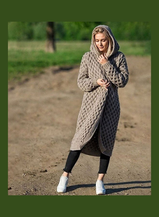 Knitted Hooded Cardigan Khaki