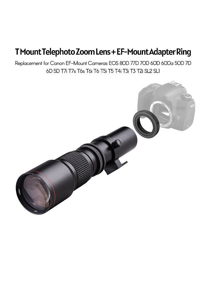 Camera Super Telephoto Lens 500mm F/8.0-32 Manual Zoom T-Mount  + 2X 500mm Teleconverter Lens + T2-EOS Adapter Ring Replacement