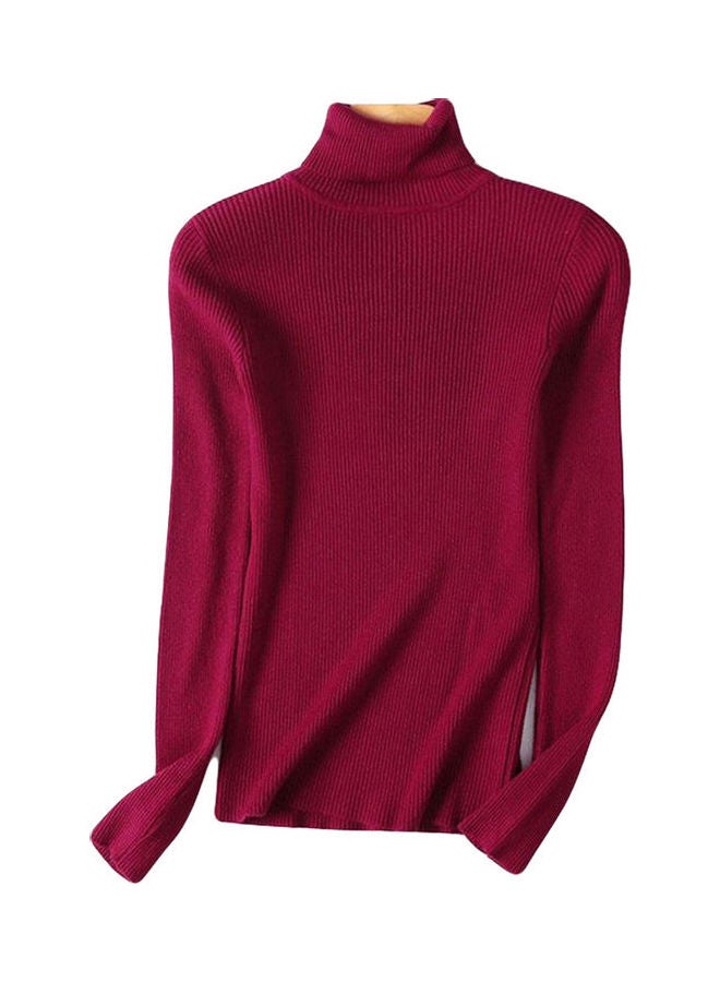 Elastic Slim Knitted Pullover Sweater Wine Red