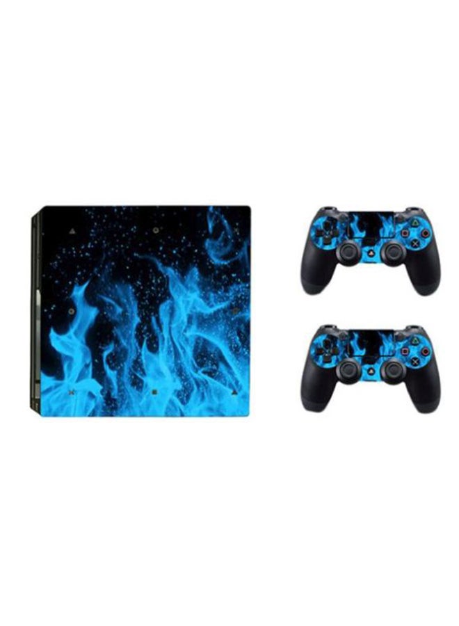 3-Piece Fire Printed Skin Sticker For DUALSHOCK 4 Wireless Controller And Console - Blue/Black