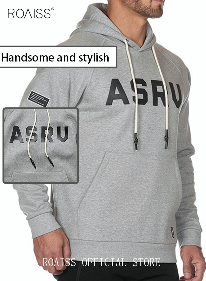 Men's Sweatshirt Letter Print Hoodie with Pockets Fall Winter Clothing for Men Cotton-Blend Long Sleeve Sweatshirt Pullover Activewear Hoodie Outerwear Coat Grey