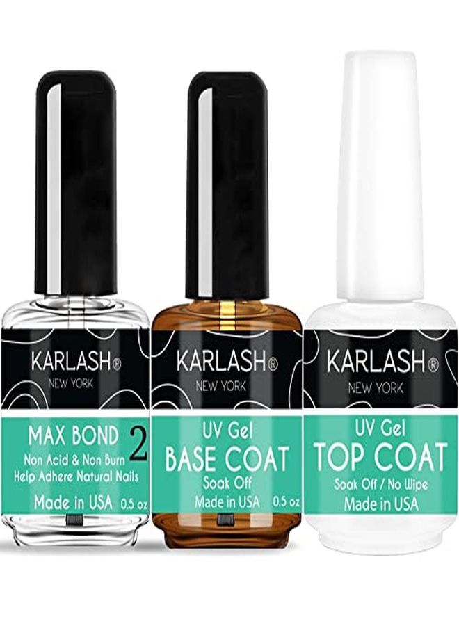 Professional Usa Made 3 Pcs 15Ml No Wipe Gel Top Coat, Base Coat And Max Bond Set - Shine Finish And Long Lasting, Soak Off Uv Gel