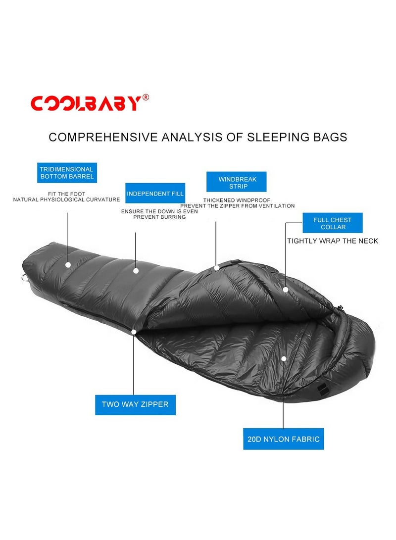 COOLBABY Ultralight Down Sleeping Bag Velvet Adult Outdoor Portable Four Seasons Warm Camping Travel Waterproof with Storage Bag 1500g Down Sleeping Bag