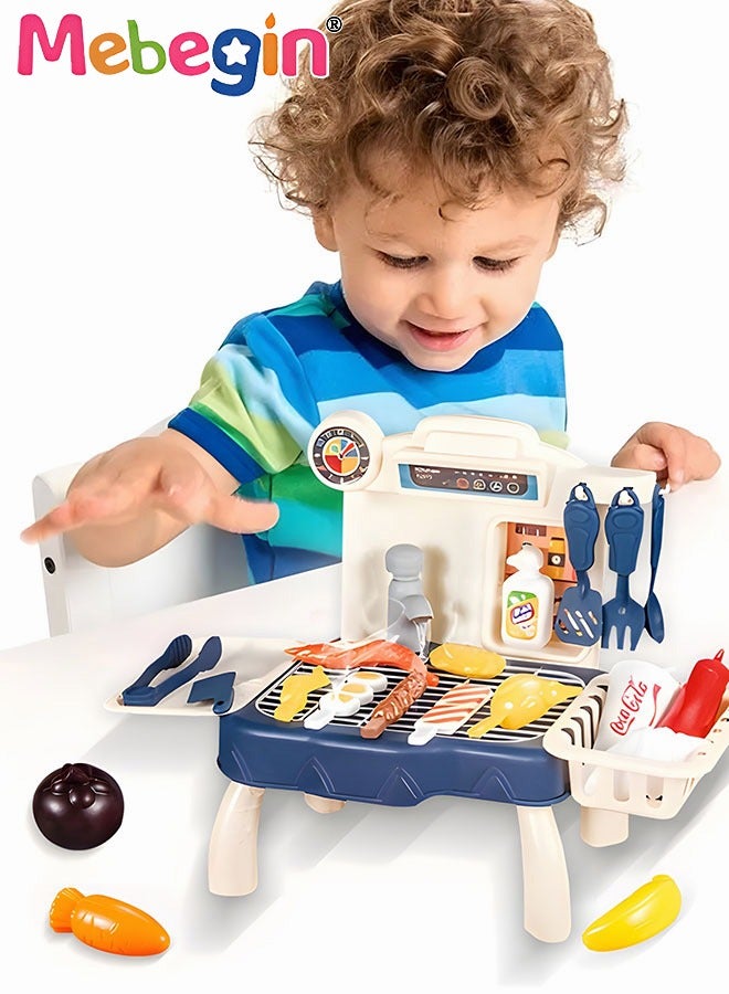 35 Pcs Kids Play Food Grill with Pretend Smog Sound Light Kitchen Playset Pretend BBQ Accessories Camping Toy Cooking Set Birthday Outdoor Toys for Toddlers Children Boys Girls Kid Toy