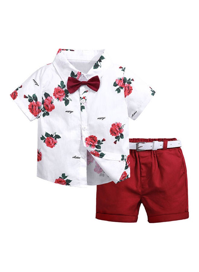 3-Piece Rose Printed Short Sleeves Shirt And Shorts With Belt Set White/Red
