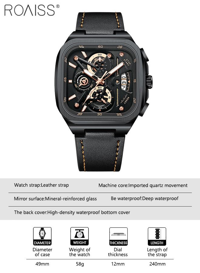 Men's Leather Strap Chronograph Quartz Watch Square Black Dial with Gold Numbers Waterproof Luminous Wristwatch as Gift for Men