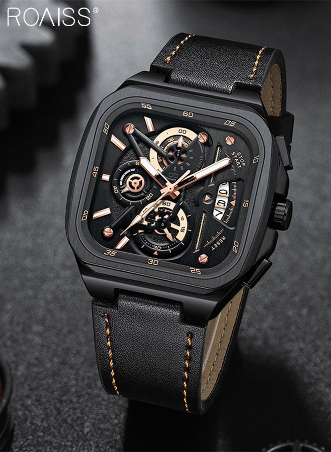 Men's Leather Strap Chronograph Quartz Watch Square Black Dial with Gold Numbers Waterproof Luminous Wristwatch as Gift for Men