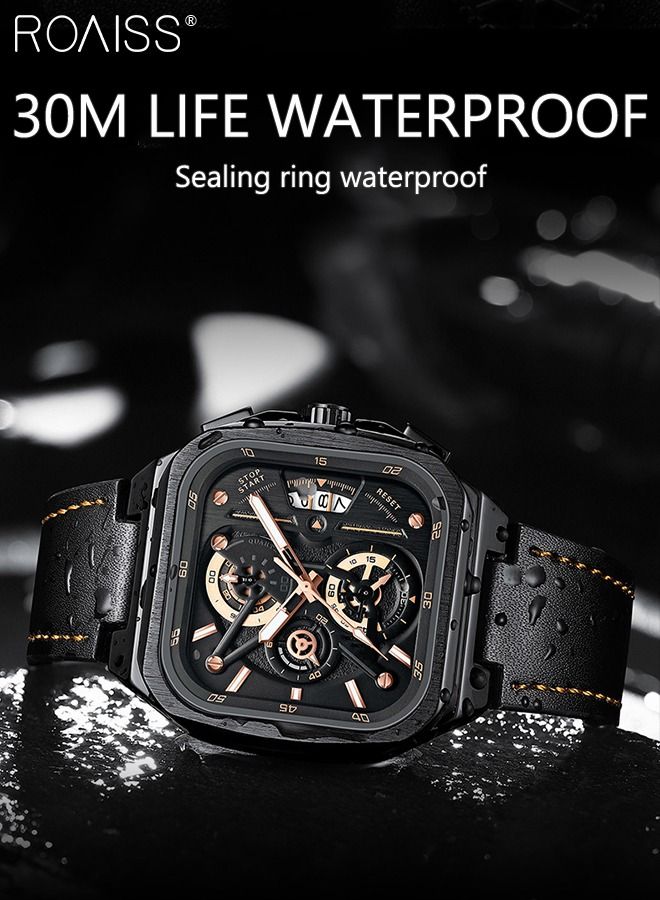 Men's Leather Strap Chronograph Quartz Watch Square Black Dial with Gold Numbers Waterproof Luminous Wristwatch as Gift for Men