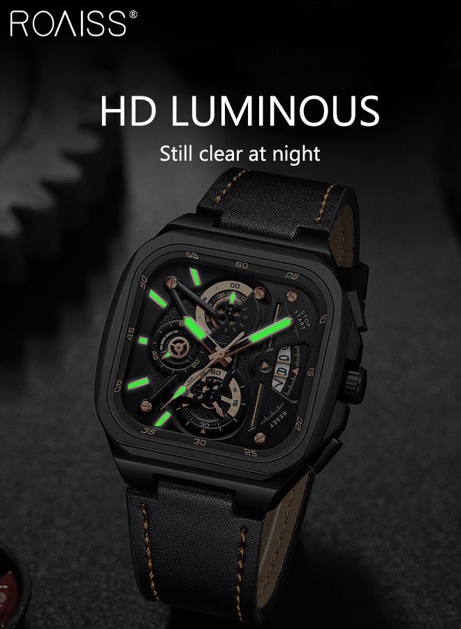 Men's Leather Strap Chronograph Quartz Watch Square Black Dial with Gold Numbers Waterproof Luminous Wristwatch as Gift for Men