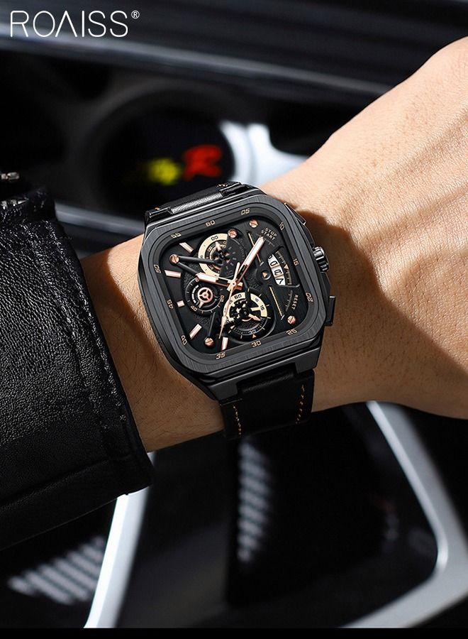 Men's Leather Strap Chronograph Quartz Watch Square Black Dial with Gold Numbers Waterproof Luminous Wristwatch as Gift for Men