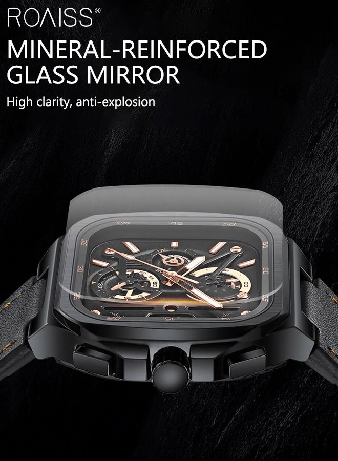 Men's Leather Strap Chronograph Quartz Watch Square Black Dial with Gold Numbers Waterproof Luminous Wristwatch as Gift for Men