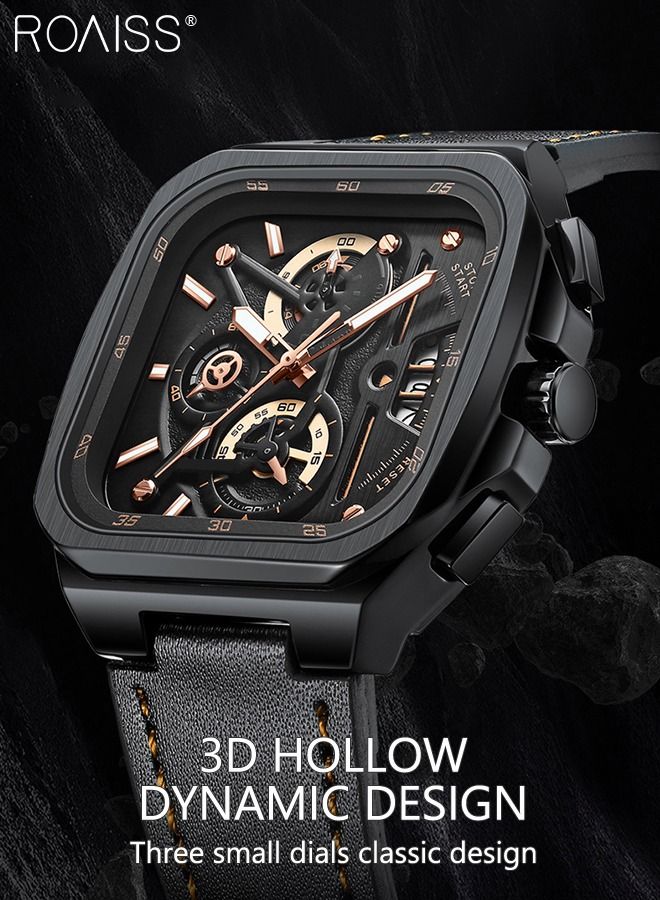 Men's Leather Strap Chronograph Quartz Watch Square Black Dial with Gold Numbers Waterproof Luminous Wristwatch as Gift for Men