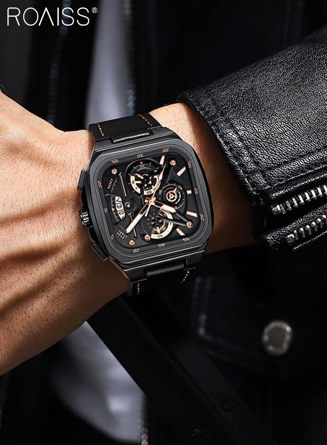 Men's Leather Strap Chronograph Quartz Watch Square Black Dial with Gold Numbers Waterproof Luminous Wristwatch as Gift for Men