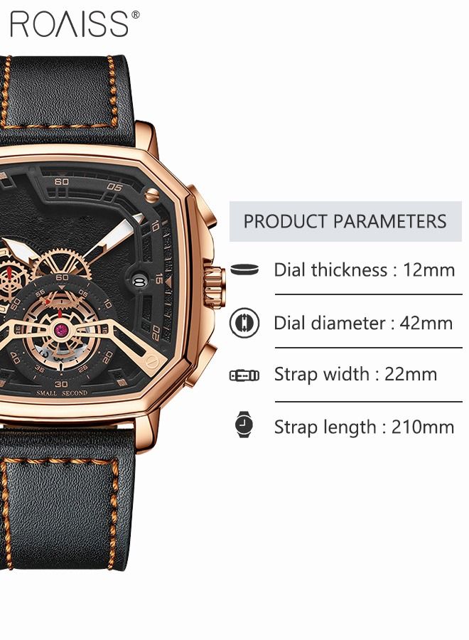 Men's Leather Strap Quartz Watch, Analog Display Square Shape 3D Black Dial Chronograph Watch, Waterproof Luminous Watch as Gift for Men