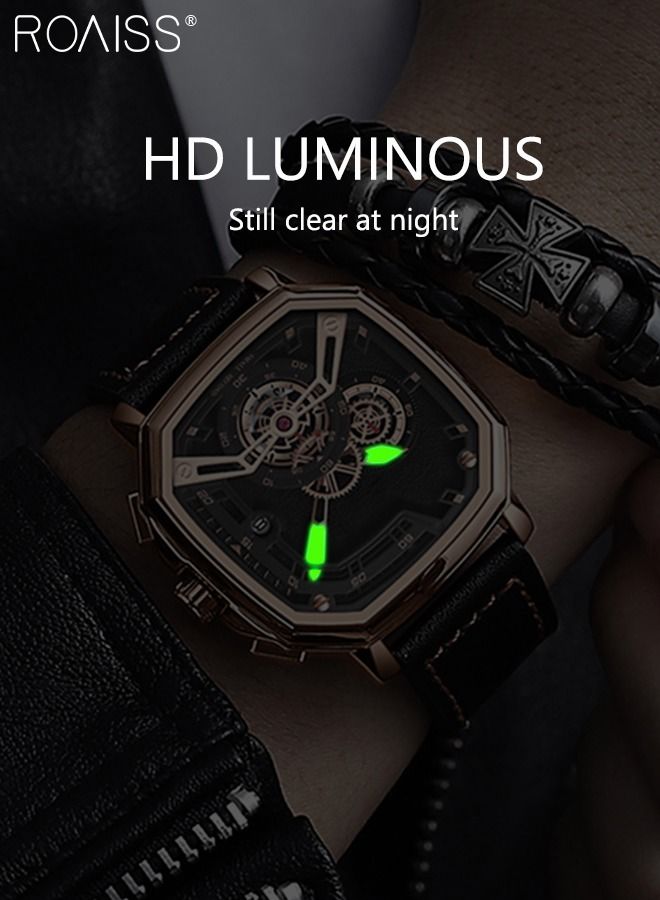 Men's Leather Strap Quartz Watch, Analog Display Square Shape 3D Black Dial Chronograph Watch, Waterproof Luminous Watch as Gift for Men