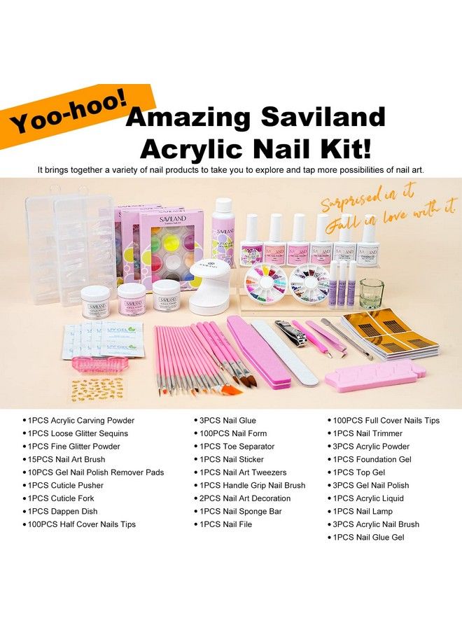 Acrylic Nail Kit With Everything For Beginners  Acrylic Powder & Liquid Set Nails Tips Glue Gel Kit Gel Nail Polish U V Light For Nail Art Allinone Acrylic Nail Kit For Home Diy