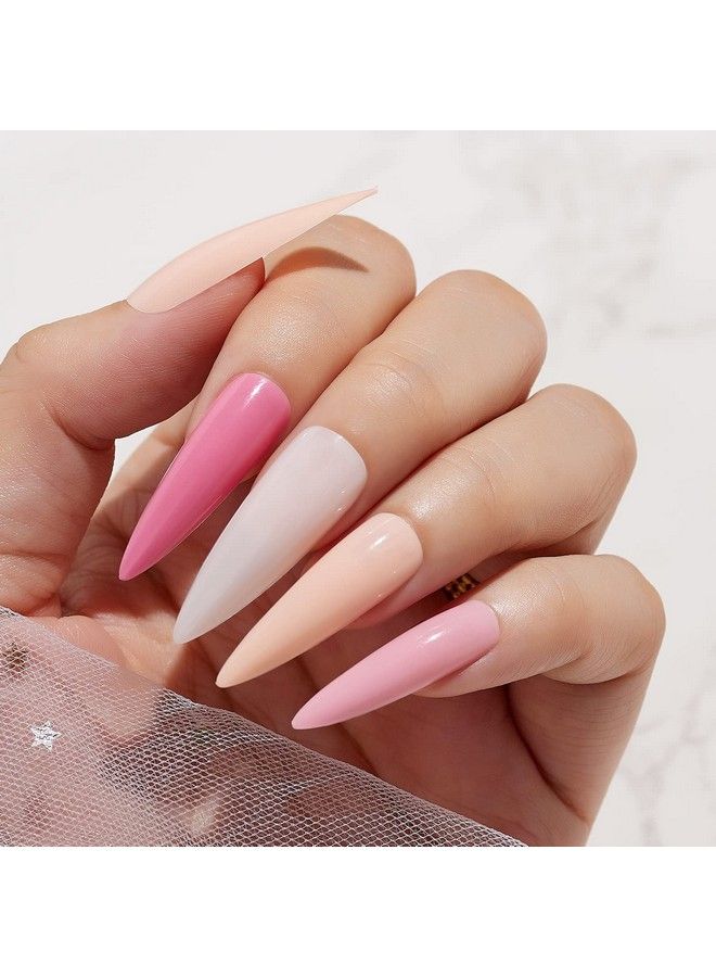 Acrylic Nail Kit Long Stiletto Press On Nails Set 240Pcs Soak Off Soft Gel Nail Tips Gelly Tips Full Cover Nude 4Pcs Nail Glues Nail File With Case False Nail Kit Pumpups Nails Salon Art