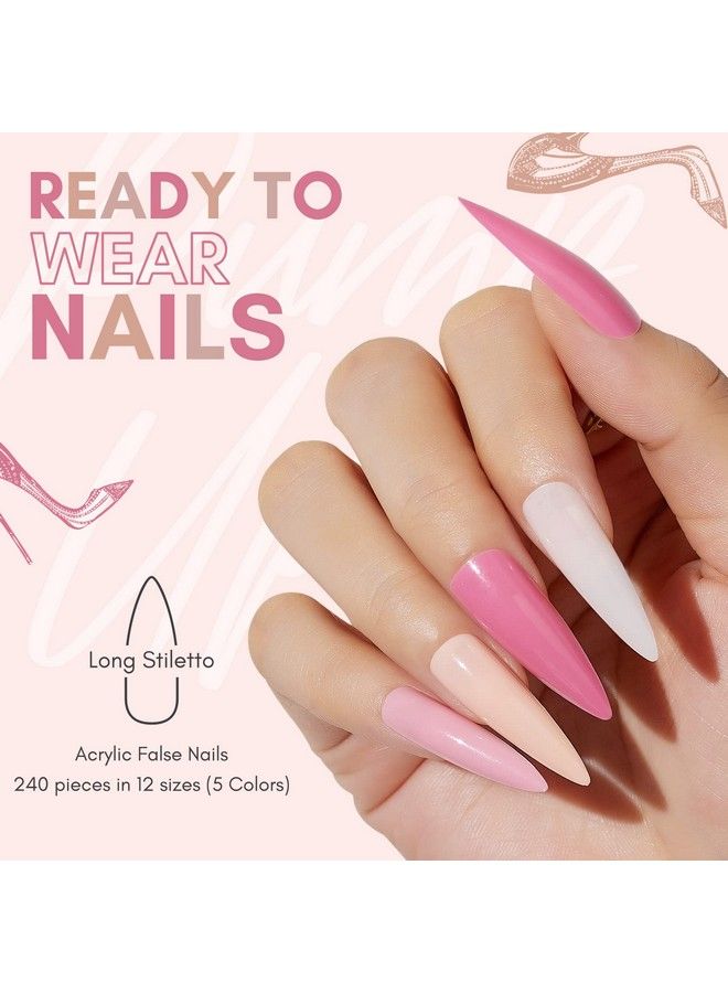 Acrylic Nail Kit Long Stiletto Press On Nails Set 240Pcs Soak Off Soft Gel Nail Tips Gelly Tips Full Cover Nude 4Pcs Nail Glues Nail File With Case False Nail Kit Pumpups Nails Salon Art