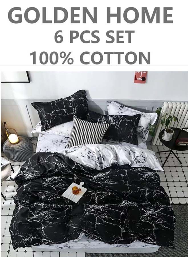 6-Piece Printed Combination King Size Duvet Cover Set  Includes 1xFitted Bedsheet 200x200+30cm, 1xDuvet Cover 220x240 cm, 2xPillowcase 55x80cm, 2xCushion Case 45x70cm Cotton