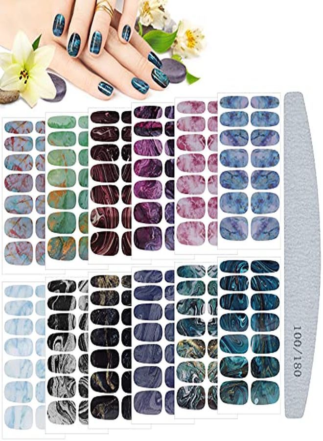 168 Pieces 12 Sheet Marble Nail Art Polish Stickers Self Adhesive Full Wraps Nail Art Decals Strips Marble Printed Nail Art Wrap Strips With Nail File For Women Girls Diy Nail Art Decoration