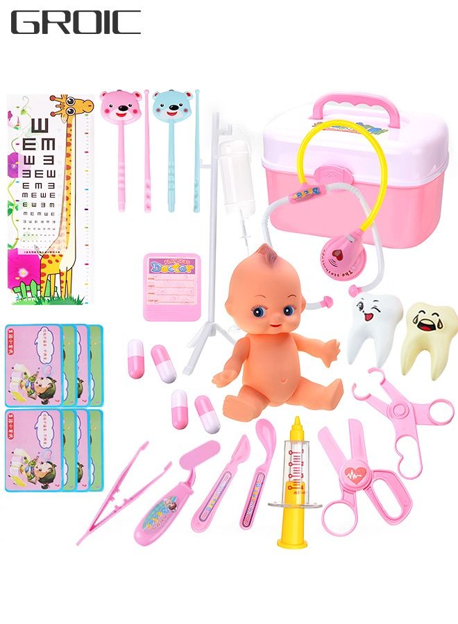 37PCS Kids Doctor Kit Pretend Play Medical Kit with Interactive Baby Doll Pretend Role Play Accessories Set Stethoscope, Thermometer, Needle, Medicine Bottle, Stick and Hammer Etc