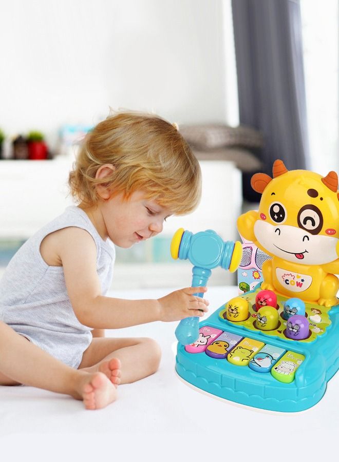 2-In-1 Whack-a-Mole Game Piano Toys Whack A Cattle Game Hammering & Pounding Toys for Toddlers with Hammer Music and Light Interactive Early Education Toy Music Light Up Toys