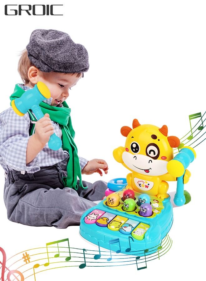 2-In-1 Whack-a-Mole Game Piano Toys Whack A Cattle Game Hammering & Pounding Toys for Toddlers with Hammer Music and Light Interactive Early Education Toy Music Light Up Toys