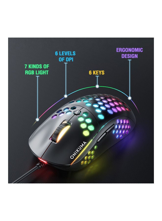 Onikuma CW903 RGB Lightweight Honeycomb Shell Gaming Mouse - 6400 DPI - 6 Programable Buttons