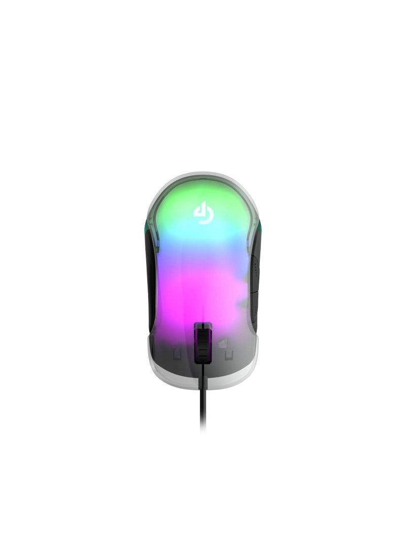 8D Crystal Gaming Mouse 1.5m USB Wire Braided Cable, Macro Software Function 100 IPS Tracking Speed, Up to 12800 DPI, 7 Breathing RGB, Ergonomic Design Gaming Mouse - Clear