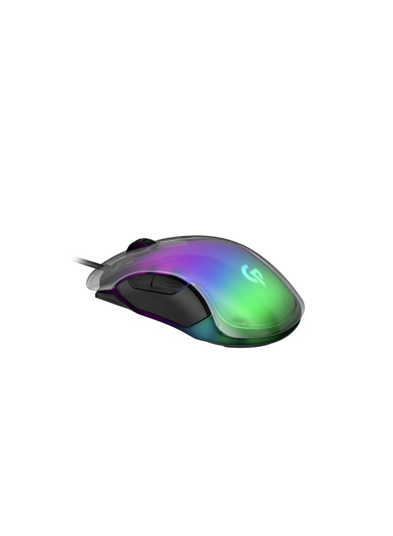 8D Crystal Gaming Mouse 1.5m USB Wire Braided Cable, Macro Software Function 100 IPS Tracking Speed, Up to 12800 DPI, 7 Breathing RGB, Ergonomic Design Gaming Mouse - Clear