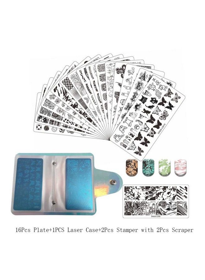 21 Pcs Nail Stamp Plates Set 16 Plate 2Stamper And 2 Scraper 1Storage Bag Nails Art Stamping Plate Scraper Stamper Set Leaves Flowers Animal Nail Plate Template Image Plate Set