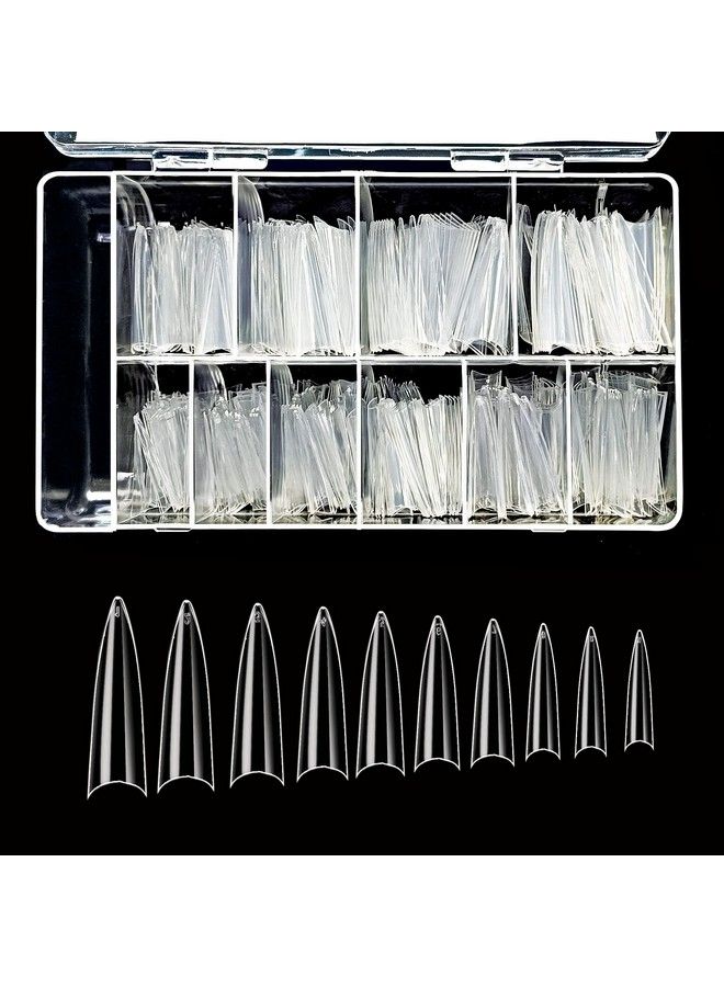 Acrylic Clear Extra Long Stiletto 500Pcs 10 Sizes False Gel Nail With Plastic Case Tips For Salons And Diy Self Nail Art (Clear Extra Long Stiletto)