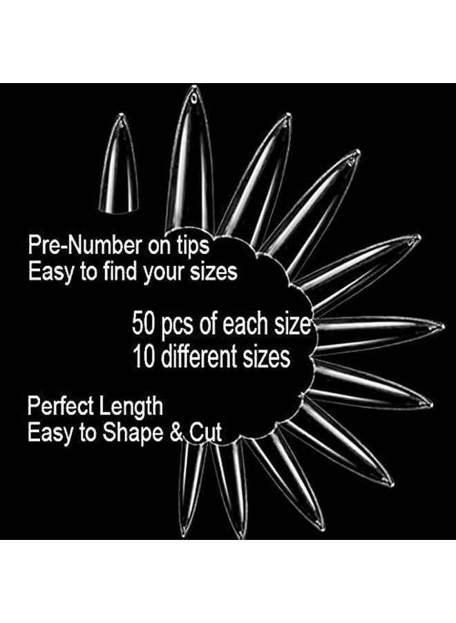 Acrylic Clear Extra Long Stiletto 500Pcs 10 Sizes False Gel Nail With Plastic Case Tips For Salons And Diy Self Nail Art (Clear Extra Long Stiletto)