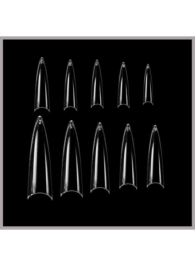 Acrylic Clear Extra Long Stiletto 500Pcs 10 Sizes False Gel Nail With Plastic Case Tips For Salons And Diy Self Nail Art (Clear Extra Long Stiletto)