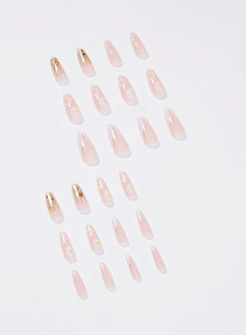 Press on Nails, 24PCS Glossy French Tips Square Shape Glue on Nails, Cute Flower Glitter Sequins Gradient Pink Full Cover Fake Nails with Designs, Acrylic False Nails for Women Girls DIY Manicure